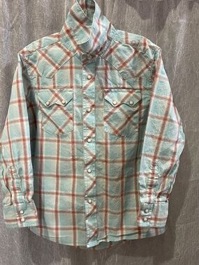 Wrangler Retro Western Plaid Pearl Snap Shirt Boys Medium 7/8 Blue Button Up
